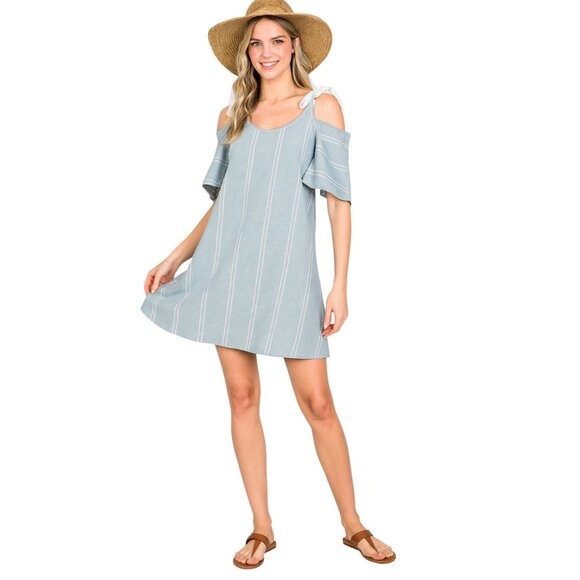 Pinstripe Abound Mini Dress With Adjustable Shoulder Ties Size M - Picture 1 of 10